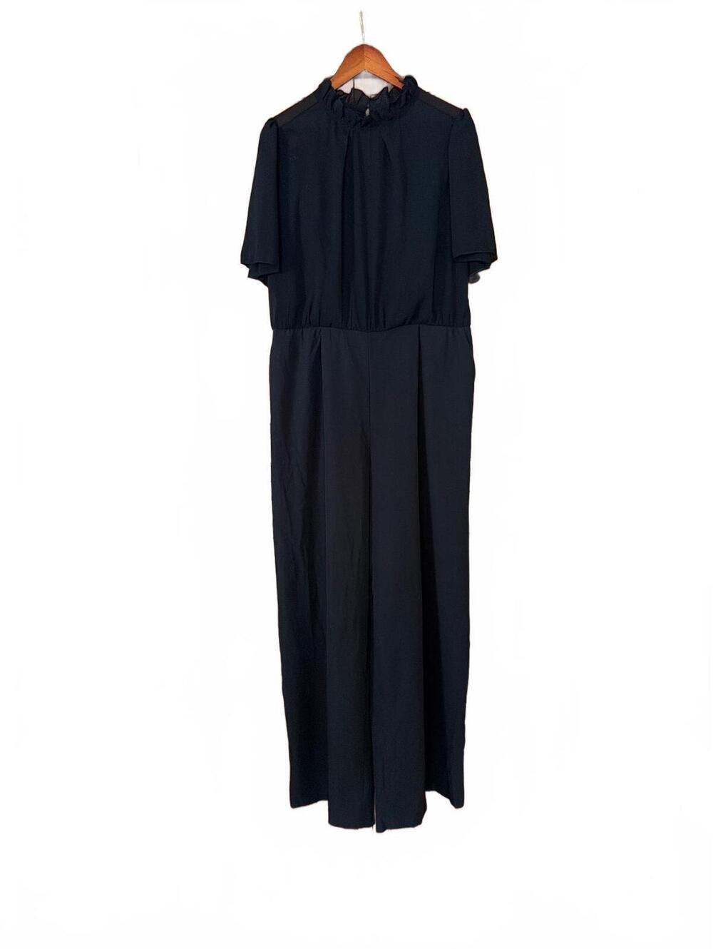 Shein Black Short Sleeve Mesh Jumpsuit 1XL Pockets Ruffled Neck Classic Formal